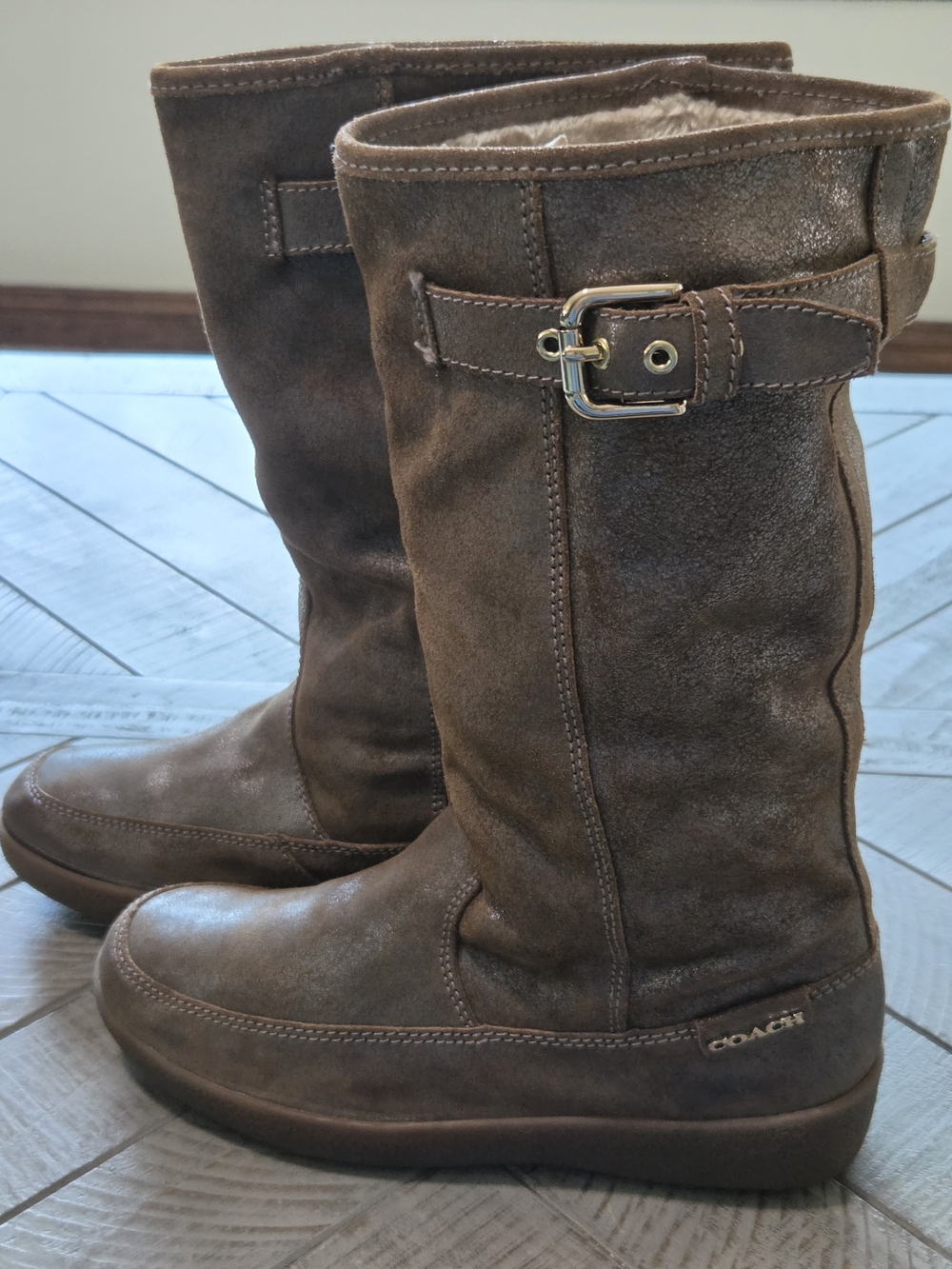 Coach Tanesha Women's Brown Metallic Suede Mid-Calf Buckle Faux Fur Lined Boots